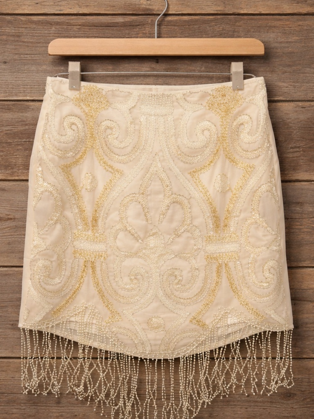 verty Beaded Fringe Mini Skirt in Cream and Gold women’s size medium - Picture 2 of 5
